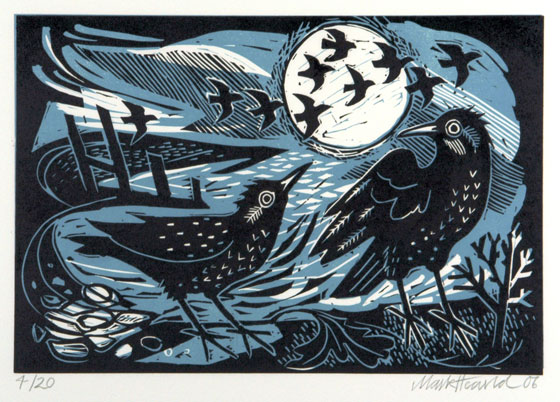 Mark Hearld - Starlings on the Shore - Linocut